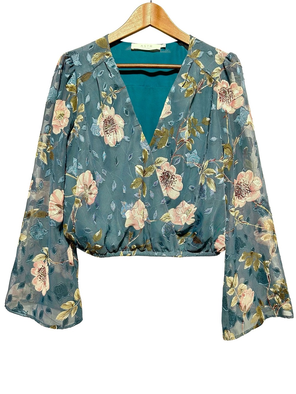 ASTR The Label Floral Burnout Crop Blouse Bell Sleeve Romantic Boho